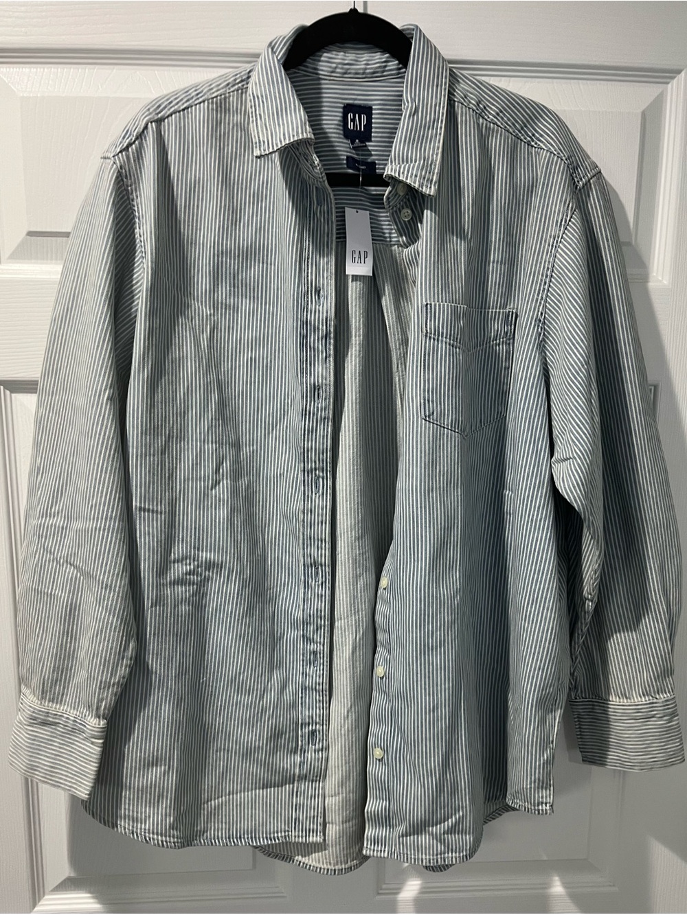 GAP Women’s Oversized Light Blue and White Striped Button-Down Shirt